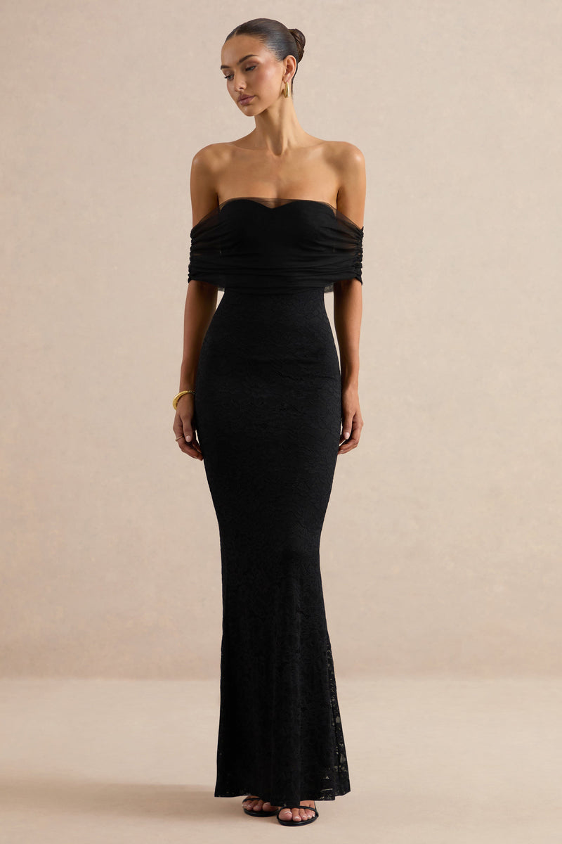 Novessa | Vestido maxi negro de encaje con escote Bardot