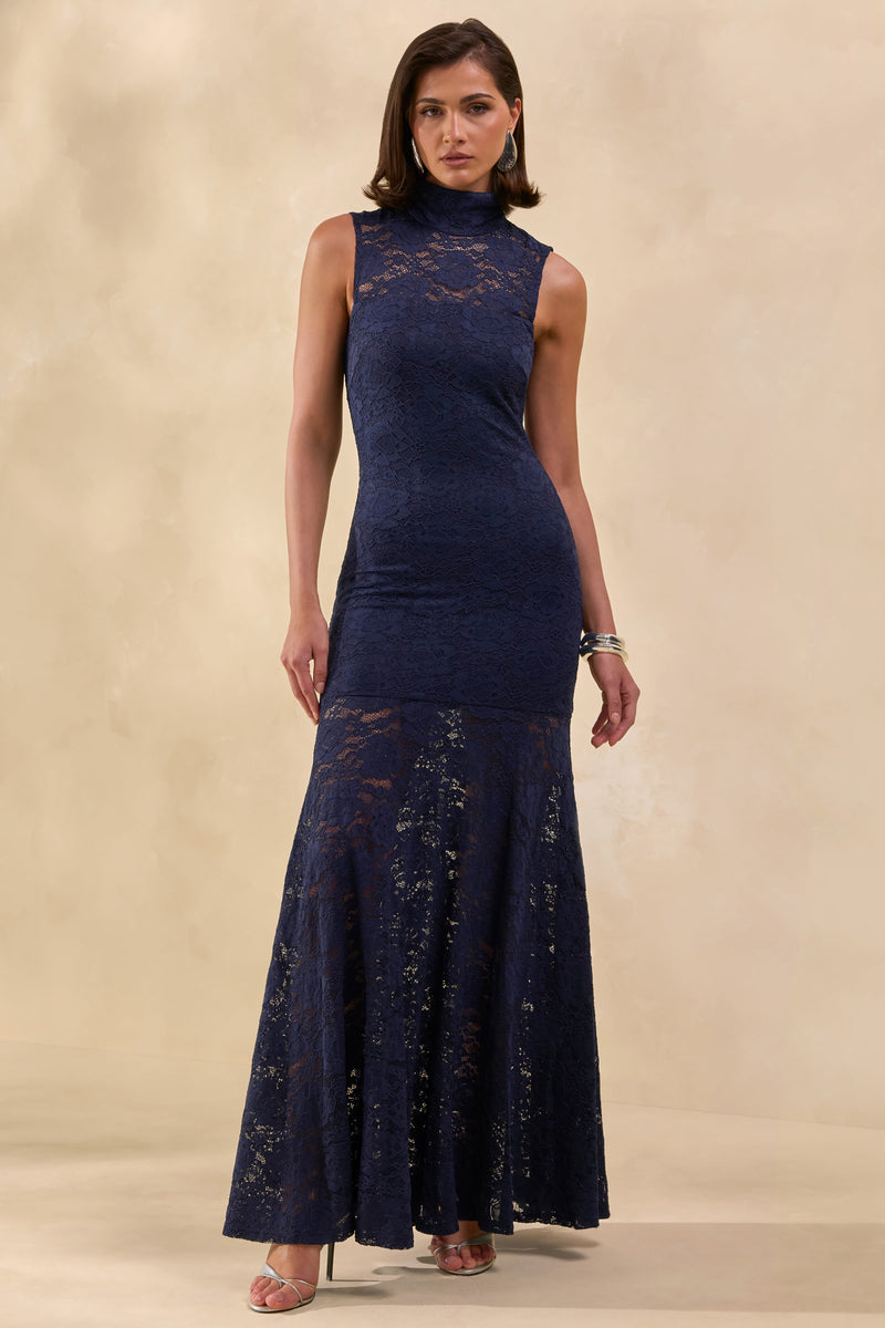 Esalyn | Vestido largo azul marino de encaje con cuello alto y falda semitransparente