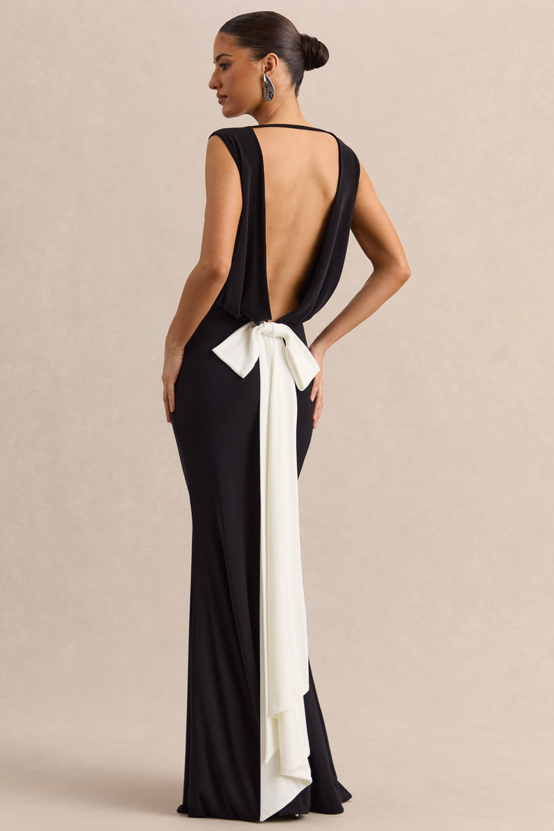 Elicette | Vestido largo negro de cuello redondo con espalda abierta y detalle de lazo