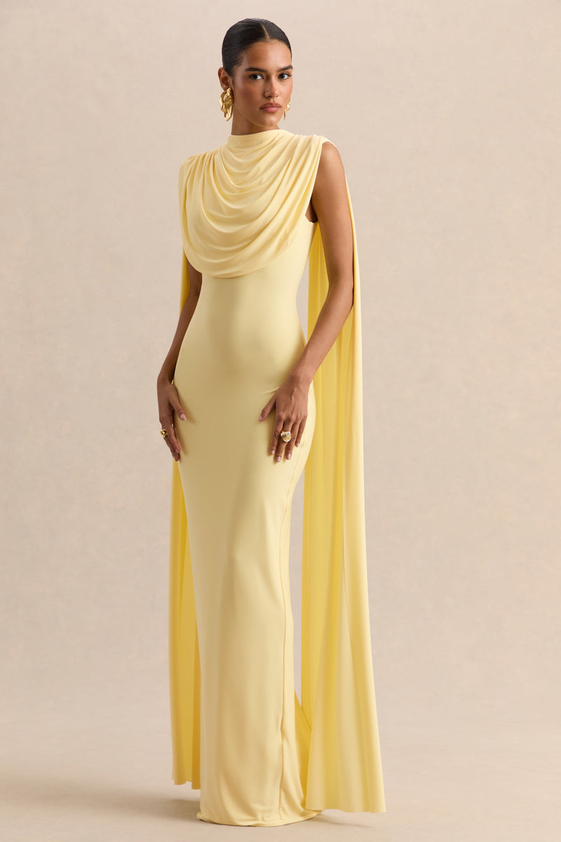 Patrina | Vestido largo amarillo limón de cuello alto con detalles drapeados y mangas tipo capa