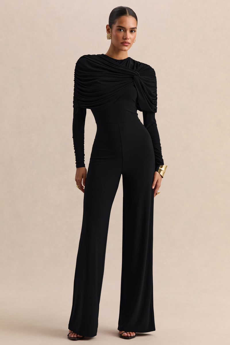 Eloura | Mono negro de jersey elástico premium con cuello alto y detalle de torsión fruncida