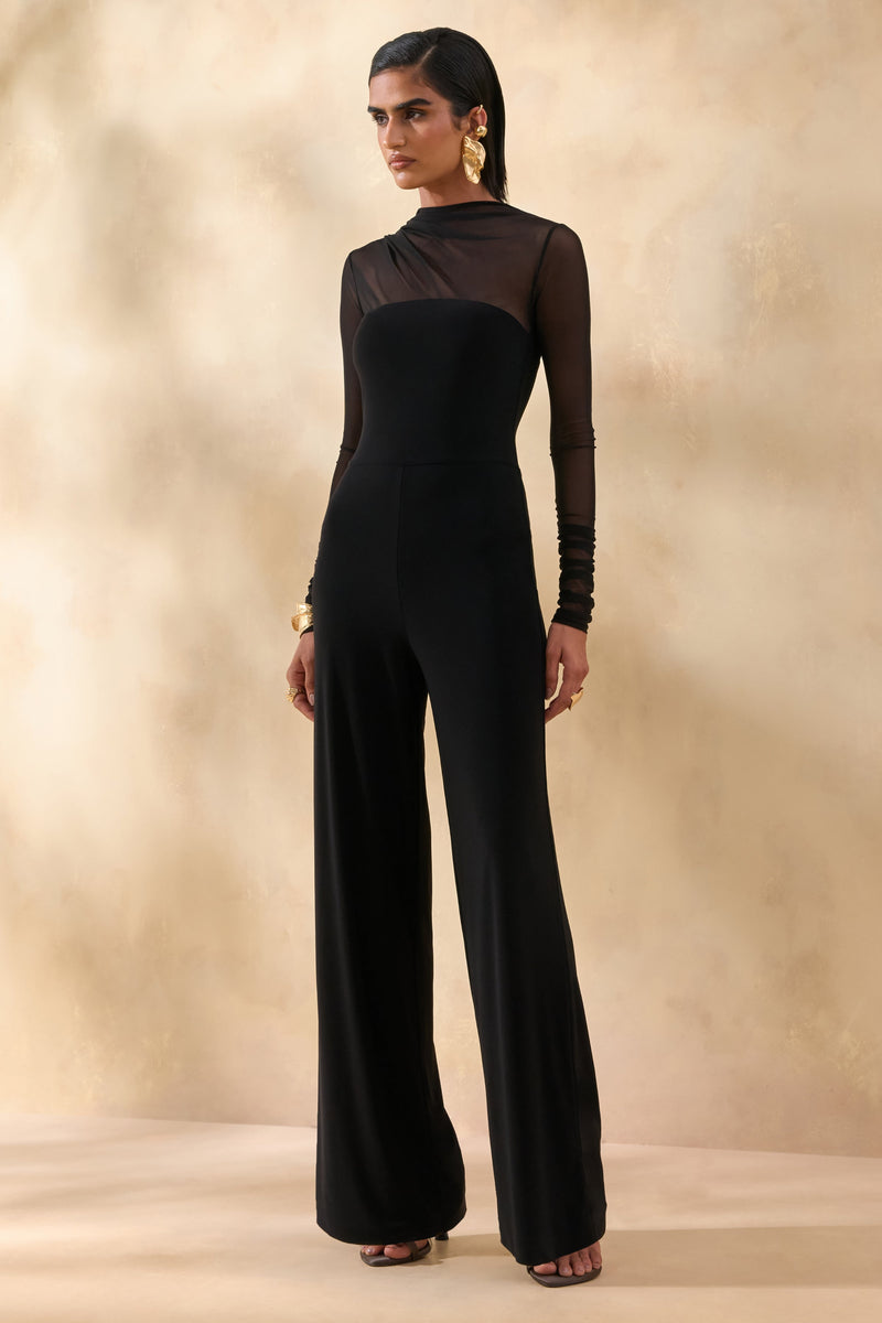 Emeria | Mono negro de cuello alto con mangas largas de malla