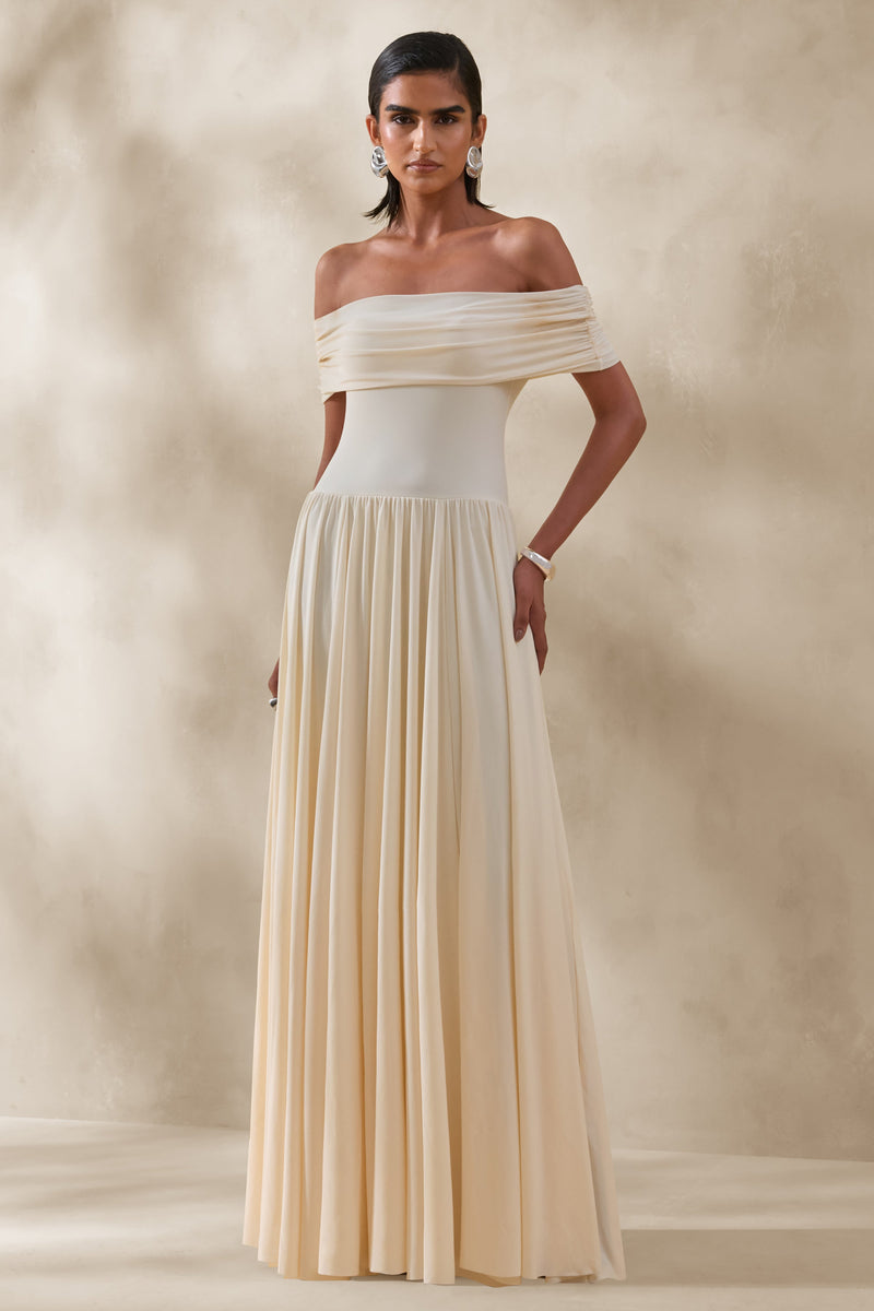 Cindie | Vestido largo color crema con escote Bardot