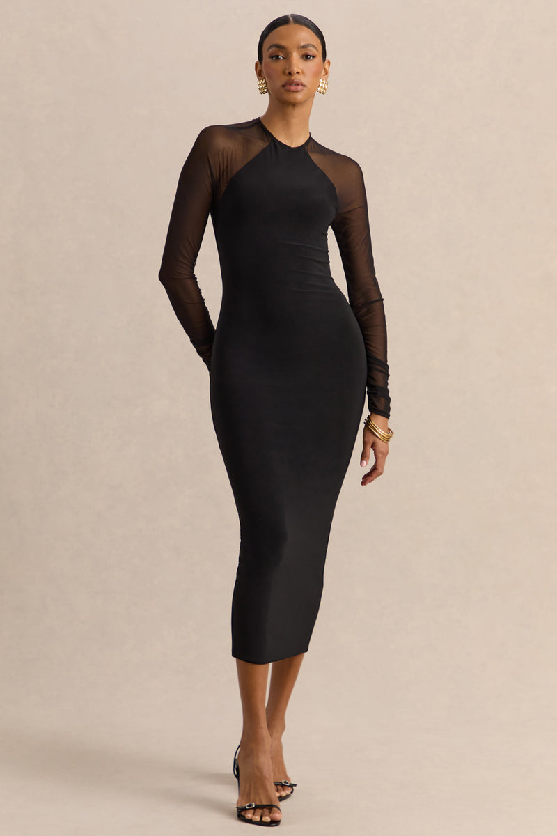 Aurevia | Vestido midi negro de cuello redondo con mangas largas de malla