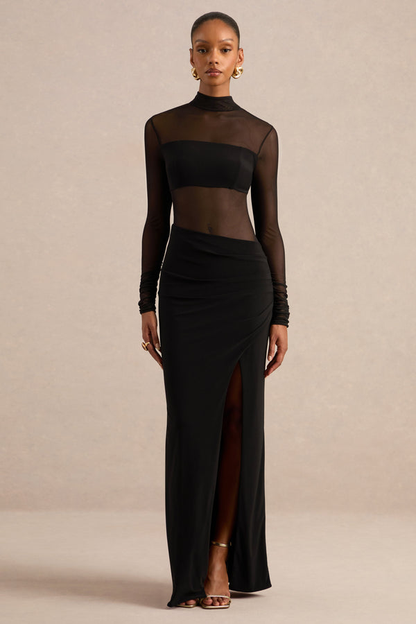 Asaira | Vestido largo negro de malla con cuello alto y abertura delantera alta