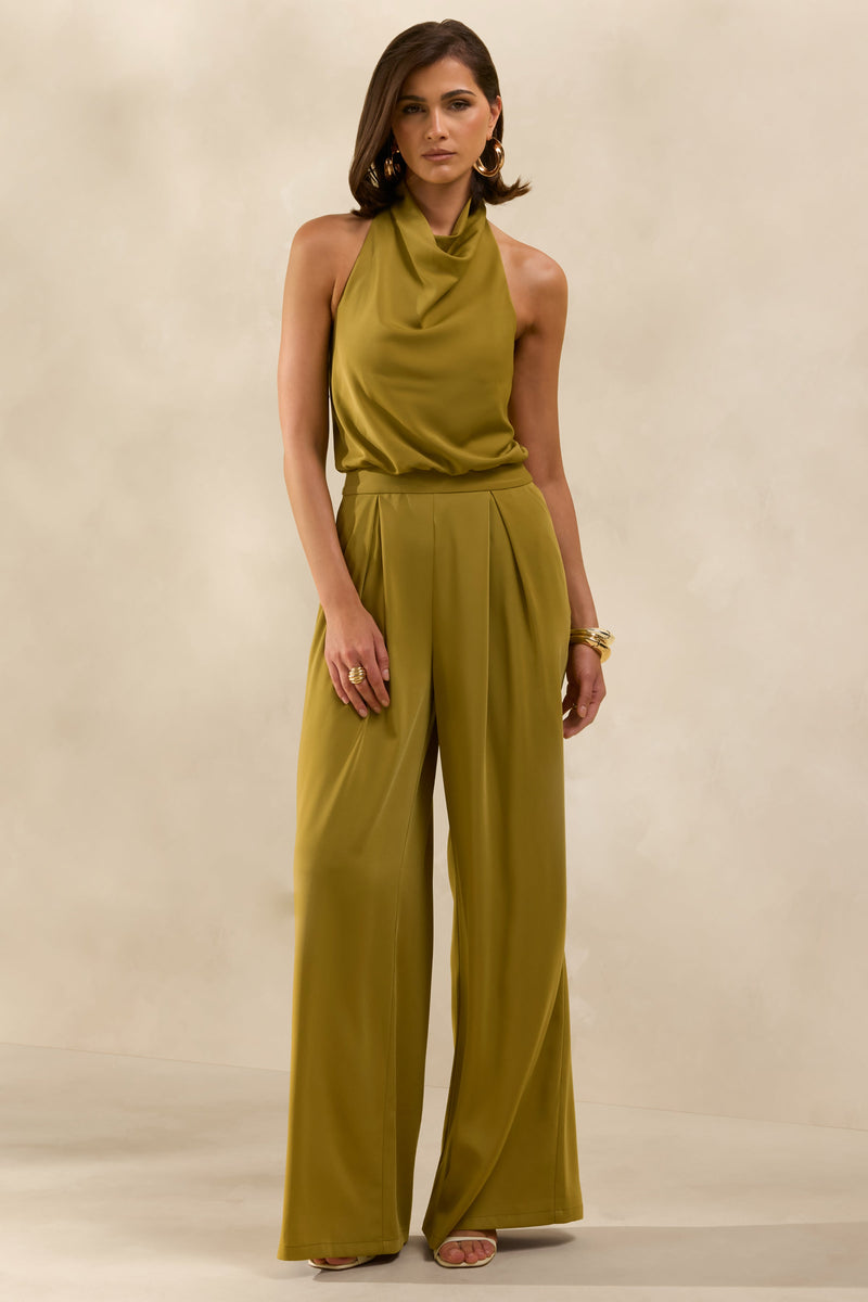 Elisra | Mono largo de satén verde oliva con cuello halter