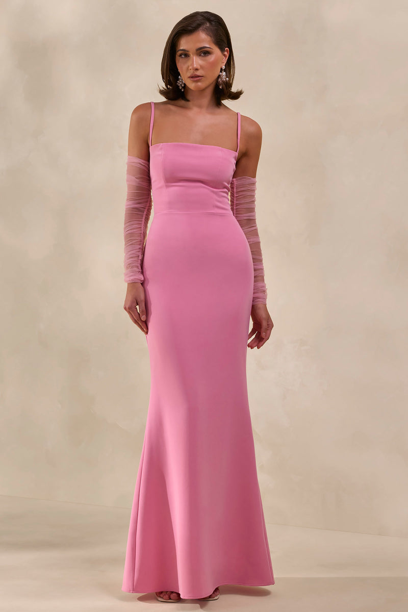 Zavira | Vestido largo rosa con escote cuadrado