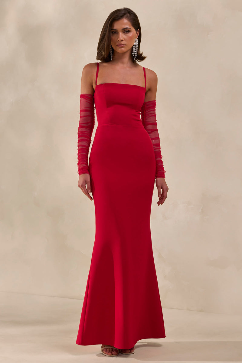 Zavira | Vestido largo rojo con escote cuadrado