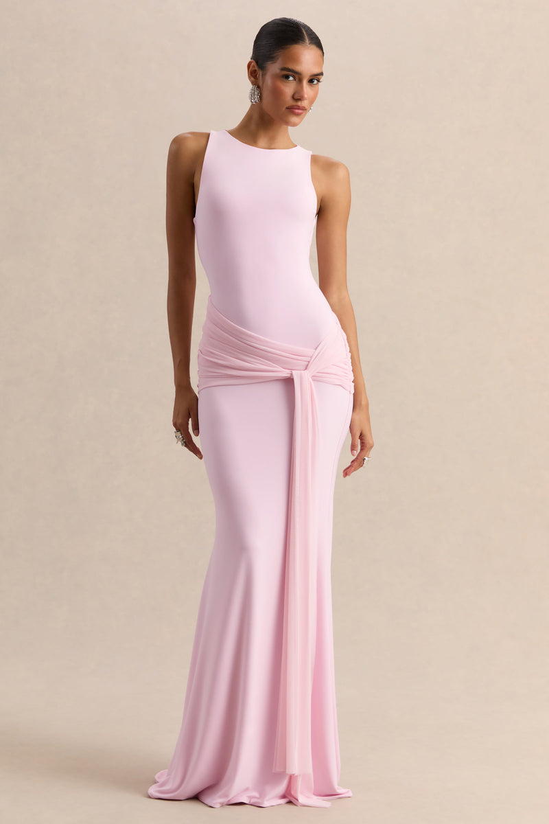 Mirene | Vestido largo rosa claro de cuello redondo con detalles fruncidos y fajín