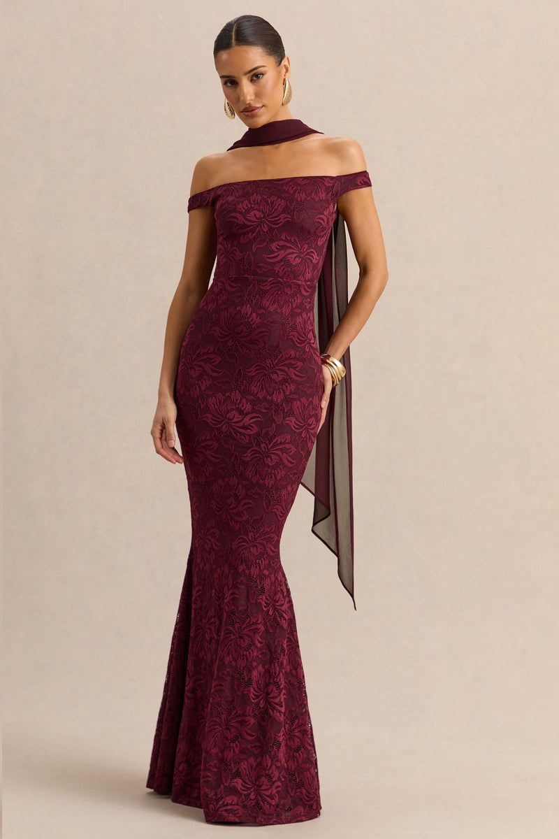 Iselle | Vestido maxi burdeos de encaje con escote Bardot y detalle de pañuelo