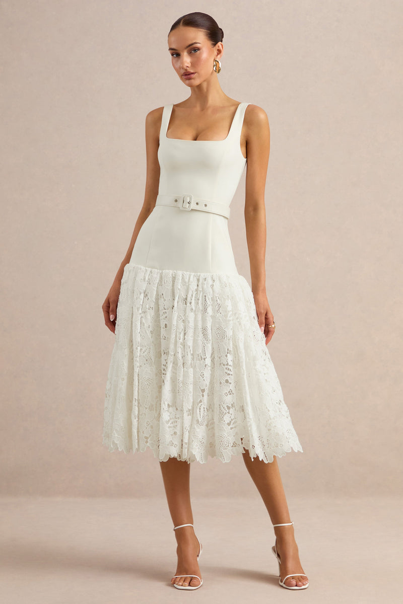 Norrie | Vestido midi blanco de encaje con escote cuadrado y falda voluminosa de encaje