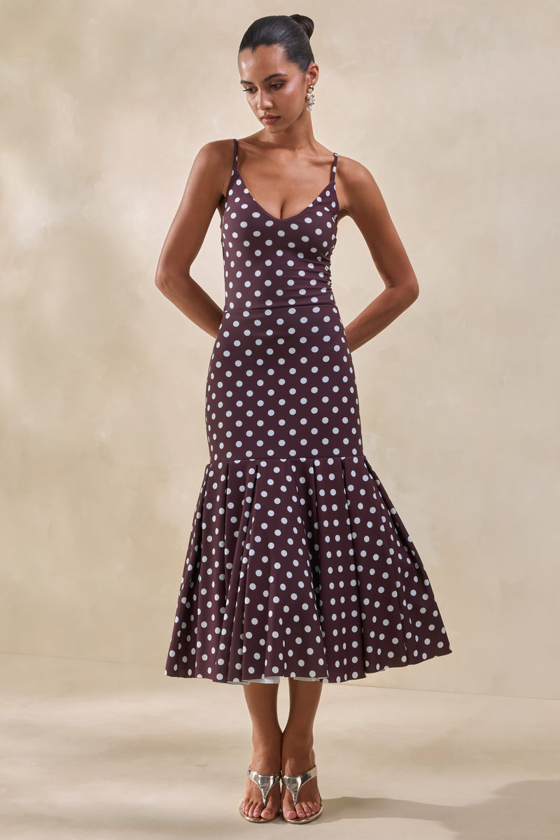 Masie | Falda midi marrón de lunares con cintura baja