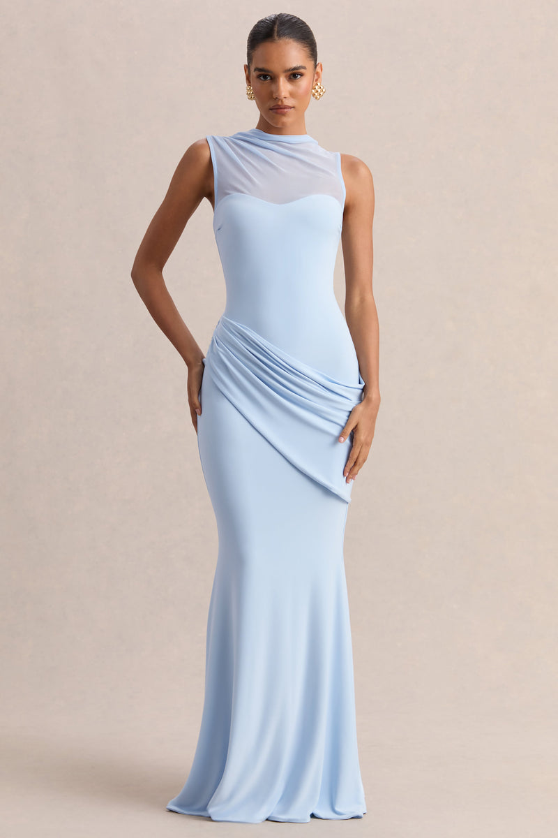 Lyssy | Vestido largo azul empolvado de cuello alto con detalles de malla