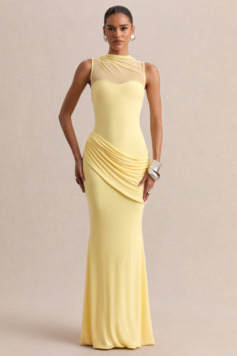Lyssy | Vestido largo amarillo limón de cuello alto con detalle de malla