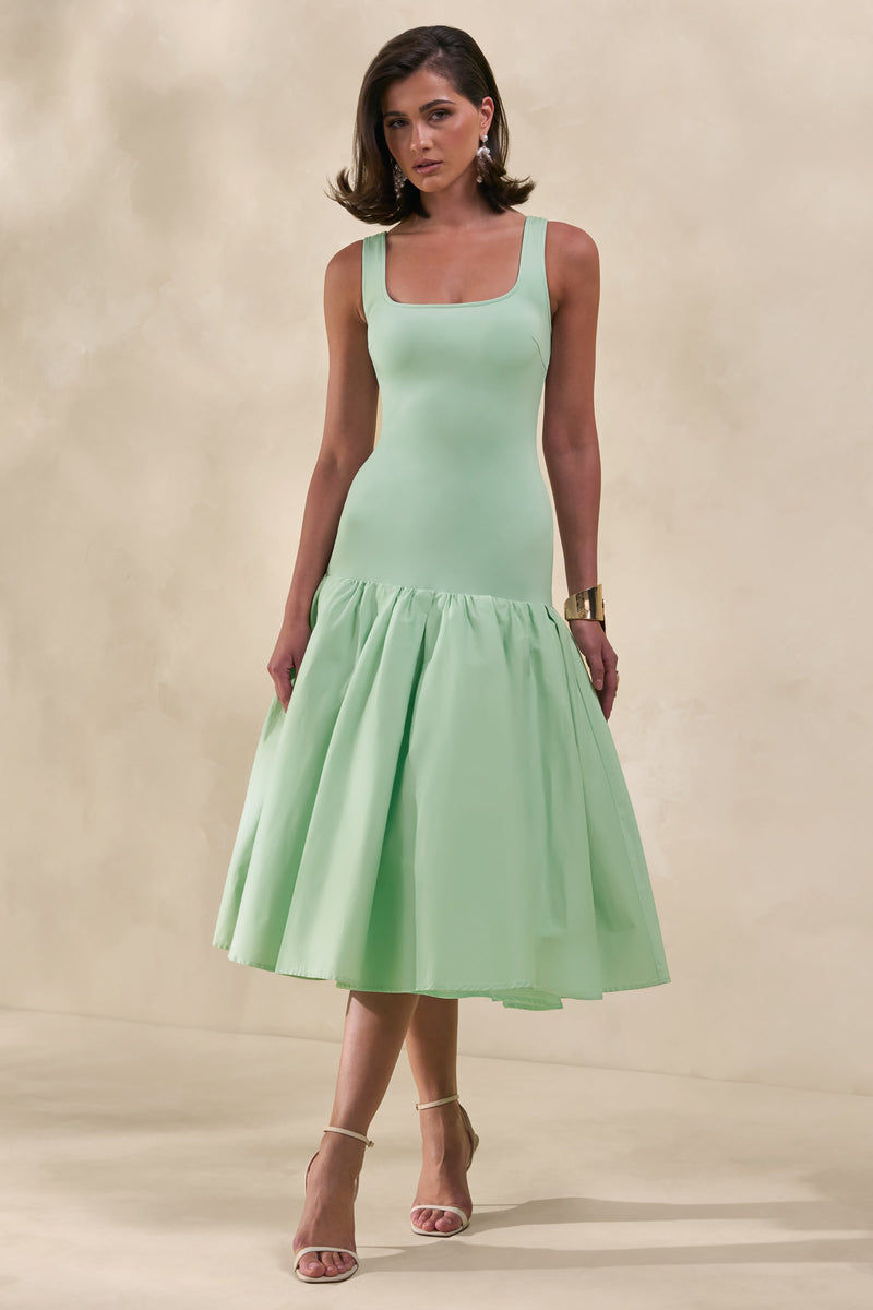 Nanette | Vestido midi color menta con escote cuadrado y falda voluminosa