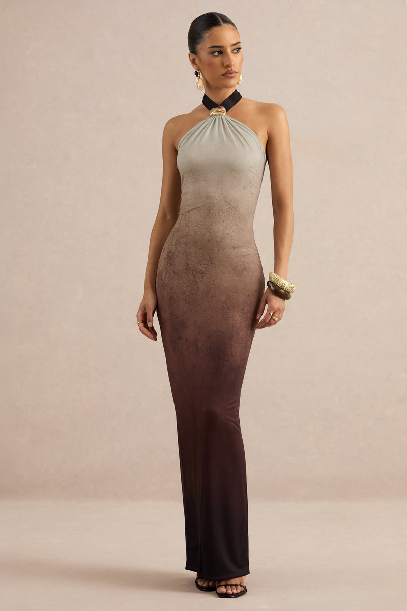 Thera | Vestido maxi marrón degradado de cuello halter con detalles dorados