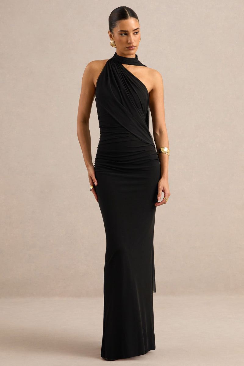 Gelsey | Vestido largo negro de cuello asimétrico con pañuelo
