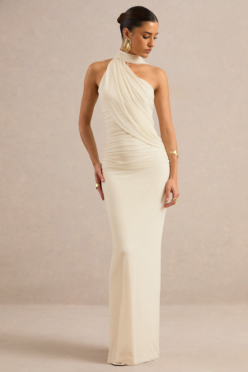 Gelsey | Vestido largo color crema con escote asimÃ©trico y paÃ±uelo
