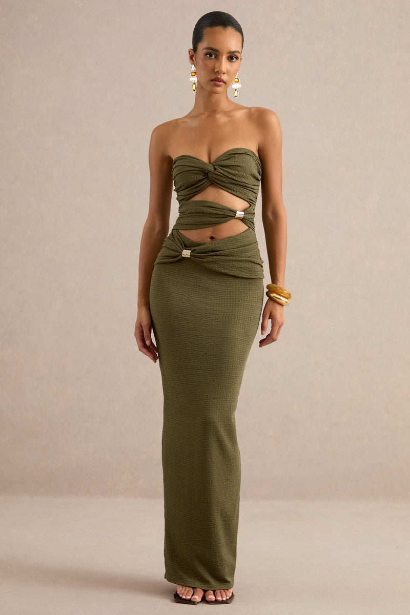 Leontine | Vestido maxi oliva con escote bandeau y recortes en el torso