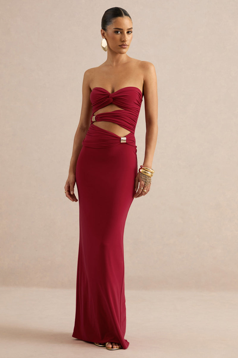 Mireia | Vestido maxi rojo de escote bandeau con abertura en el cuerpo y detalles dorados