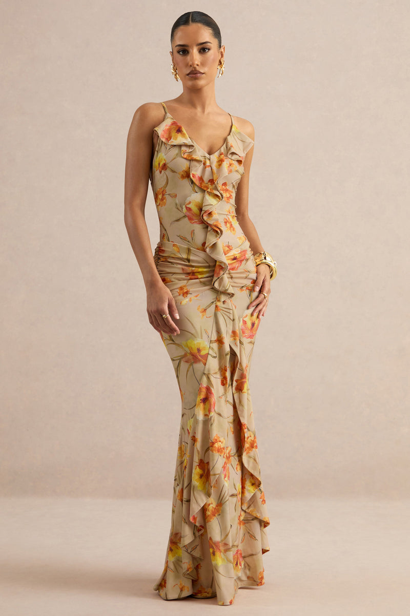 Amali | Vestido maxi naranja con estampado floral, escote en V y detalles de volantes