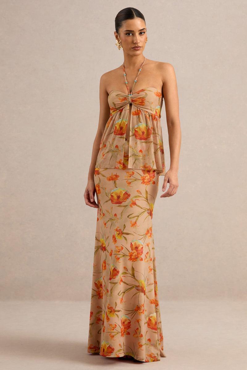 Flaviah | Falda maxi naranja con estampado floral de malla