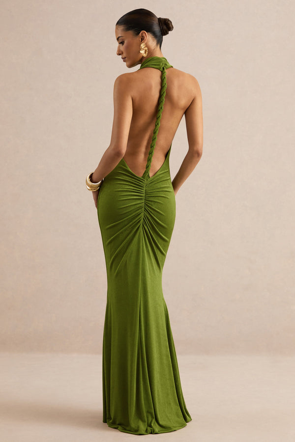 Ariosa | Vestido largo verde lima de cuello alto con espalda descubierta