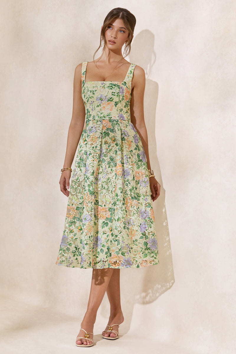Lorielle | Vestido midi de encaje con estampado floral de limones y escote cuadrado