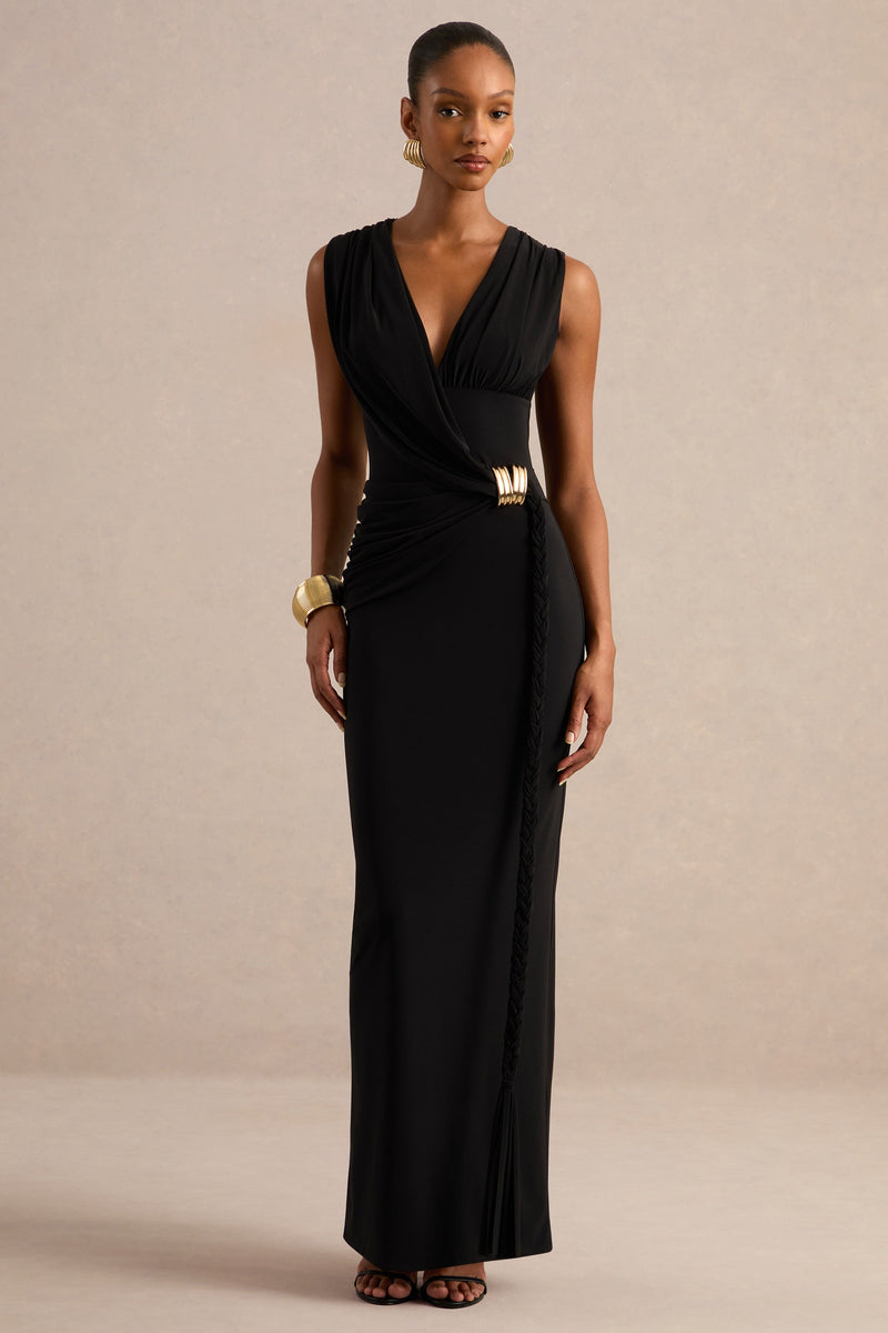 Nalina | Vestido maxi negro con escote pronunciado, detalle fruncido y detalle dorado