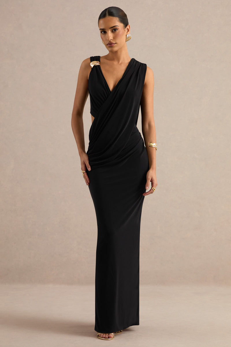 Tahlia | Vestido maxi negro de escote pronunciado con detalles drapeados y detalle dorado