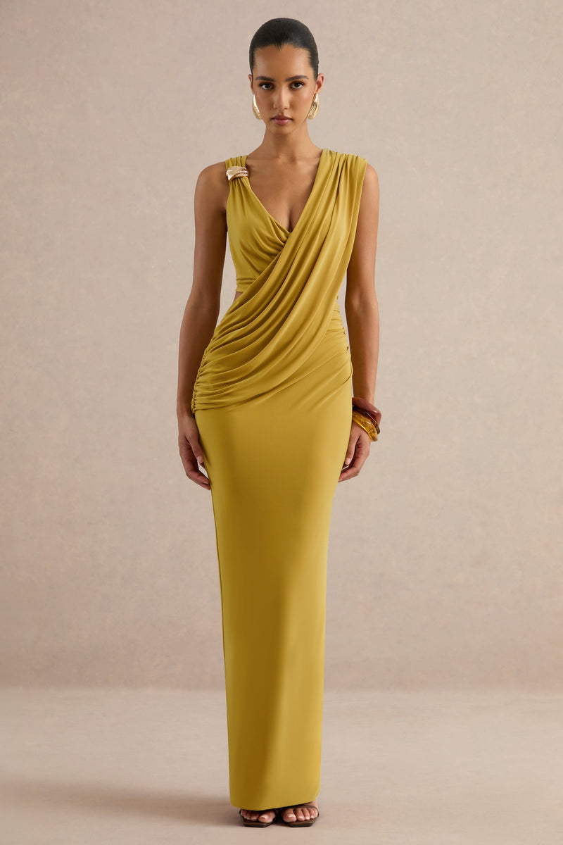 Tahlia | Vestido maxi mostaza con escote pronunciado, detalles drapeados y detalles dorados