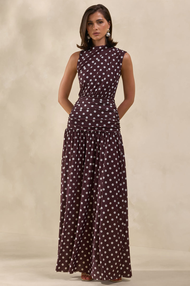 Kelis | Vestido largo marrón de cuello alto con lunares y detalles drapeados