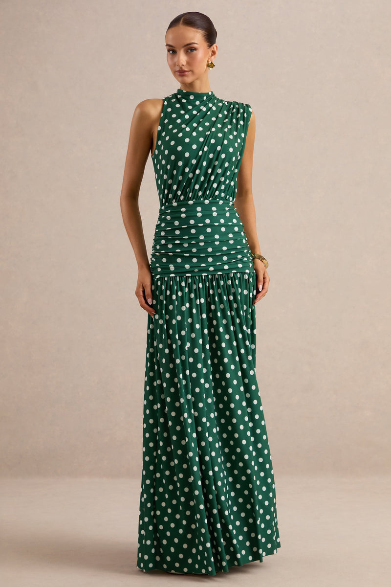 Kelis | Vestido maxi verde de cuello alto con lunares y detalles drapeados