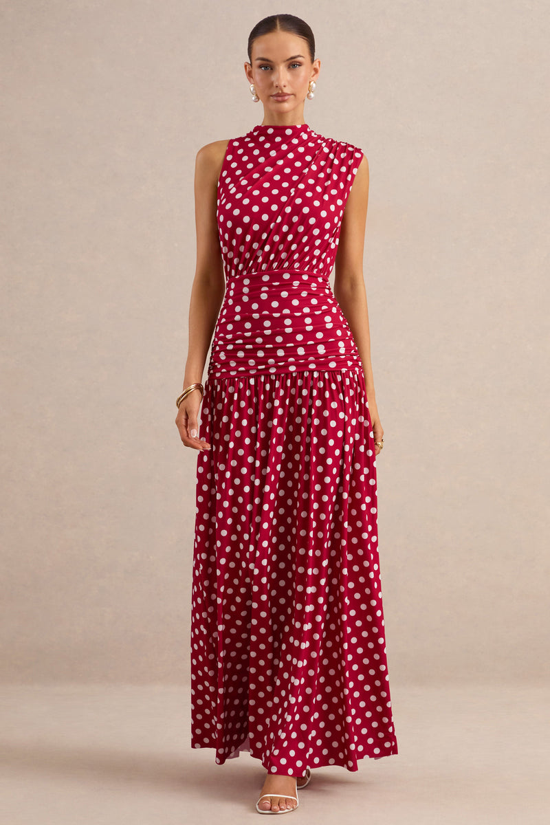 Kelis | Vestido largo rojo de lunares con cuello alto y detalles drapeados