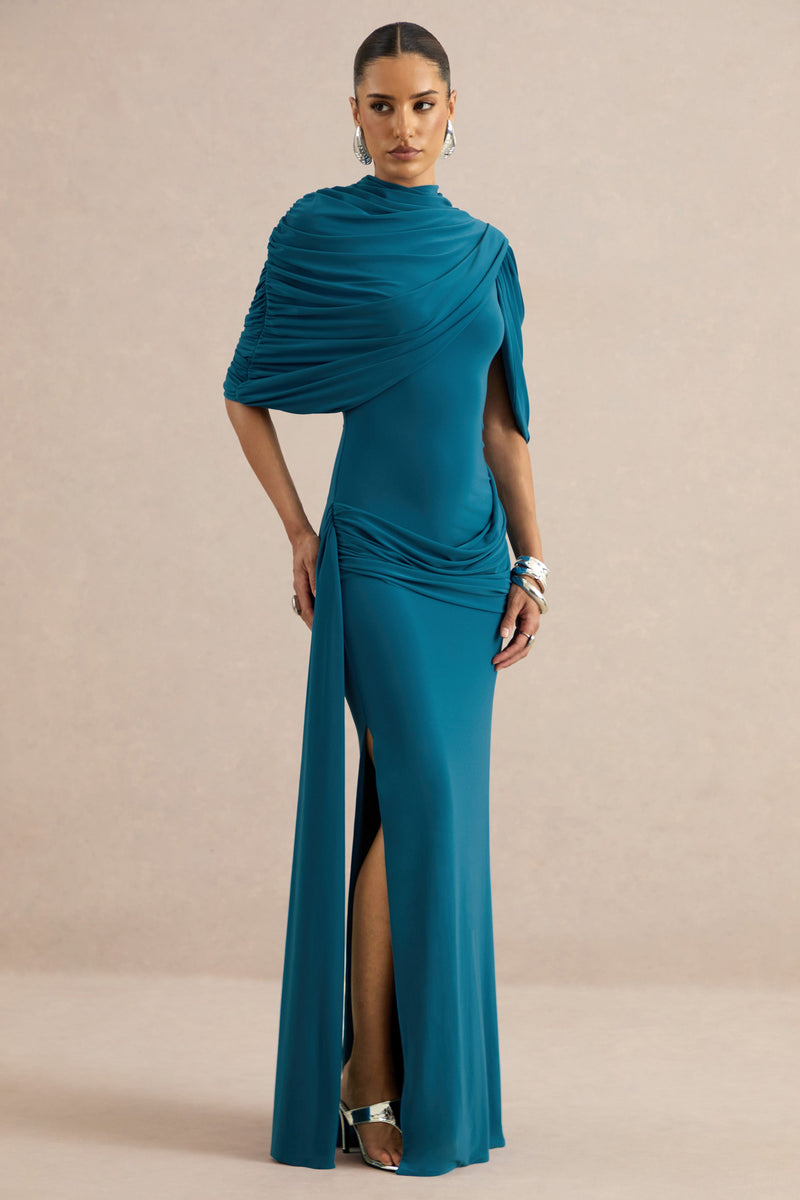 Eleri | Vestido maxi verde azulado de cuello alto con una manga corta estilo capa y detalles fruncidos
