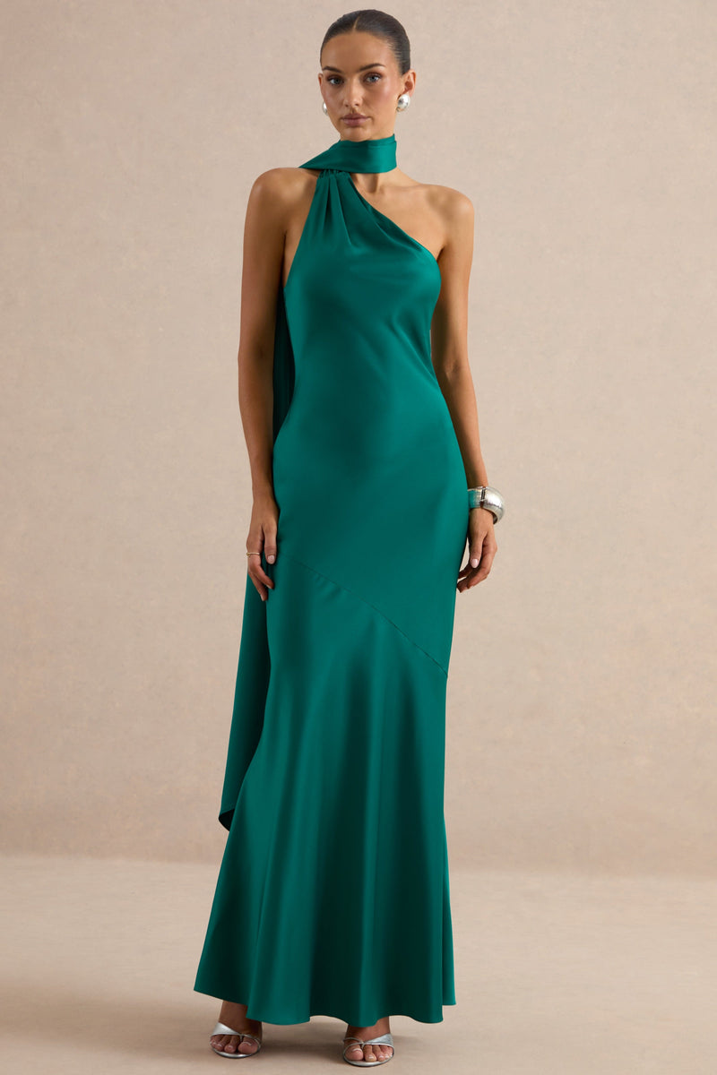 Jorina | Vestido largo de satén verde con escote asimétrico y detalle de bufanda