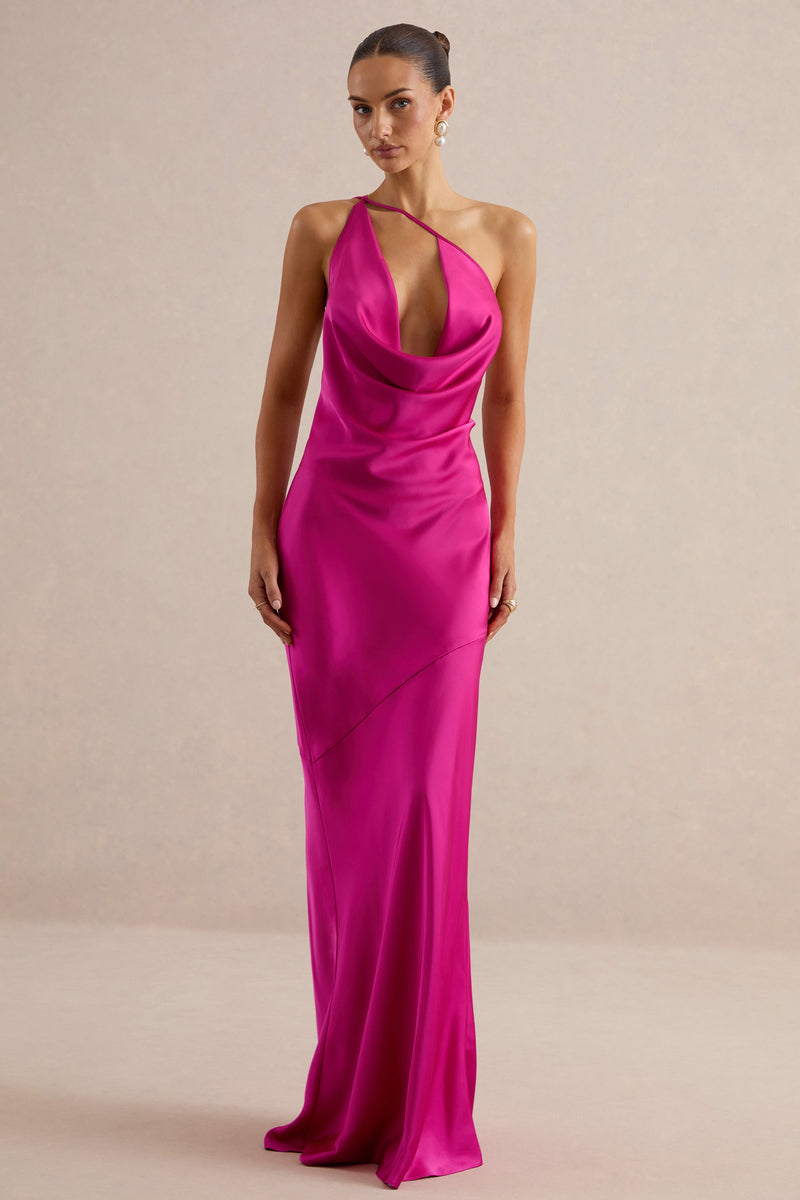 Kamalyn | Vestido largo de satén rosa fucsia con escote asimétrico