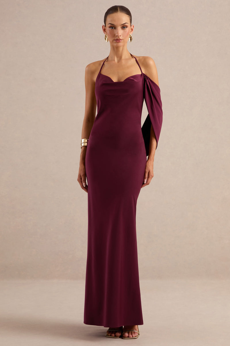 Karisa | Vestido largo de satén burdeos con escote drapeado y detalle fruncido
