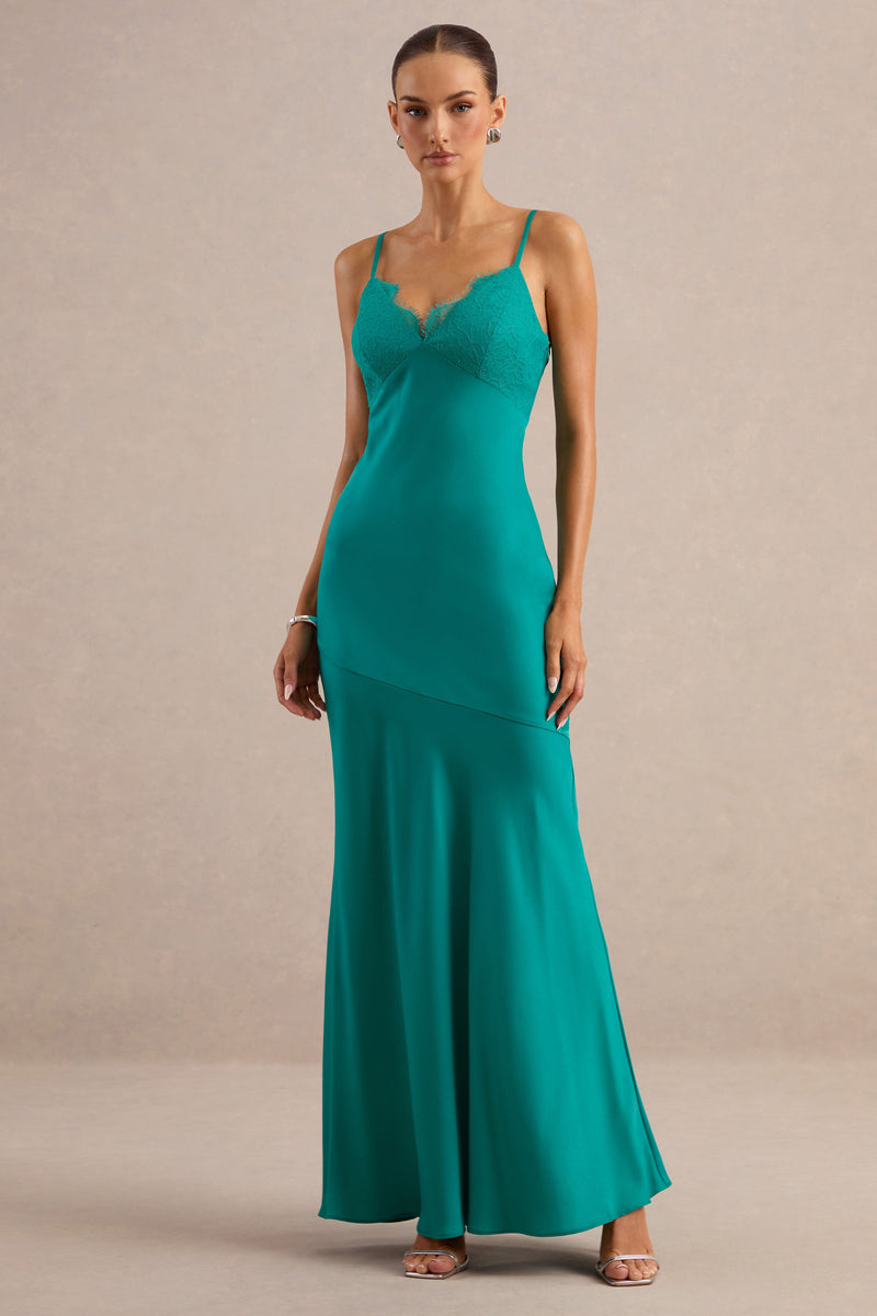Kyralie | Vestido largo verde de satén con escote en V y ribete de encaje