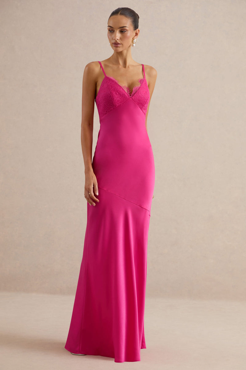 Kyralie | Vestido largo de satén rosa con escote en V
