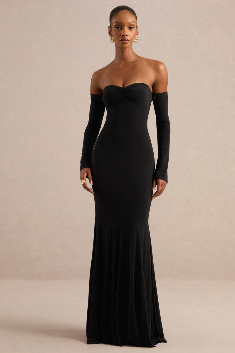 Gaelline | Vestido largo negro con escote Bardot y corte sirena