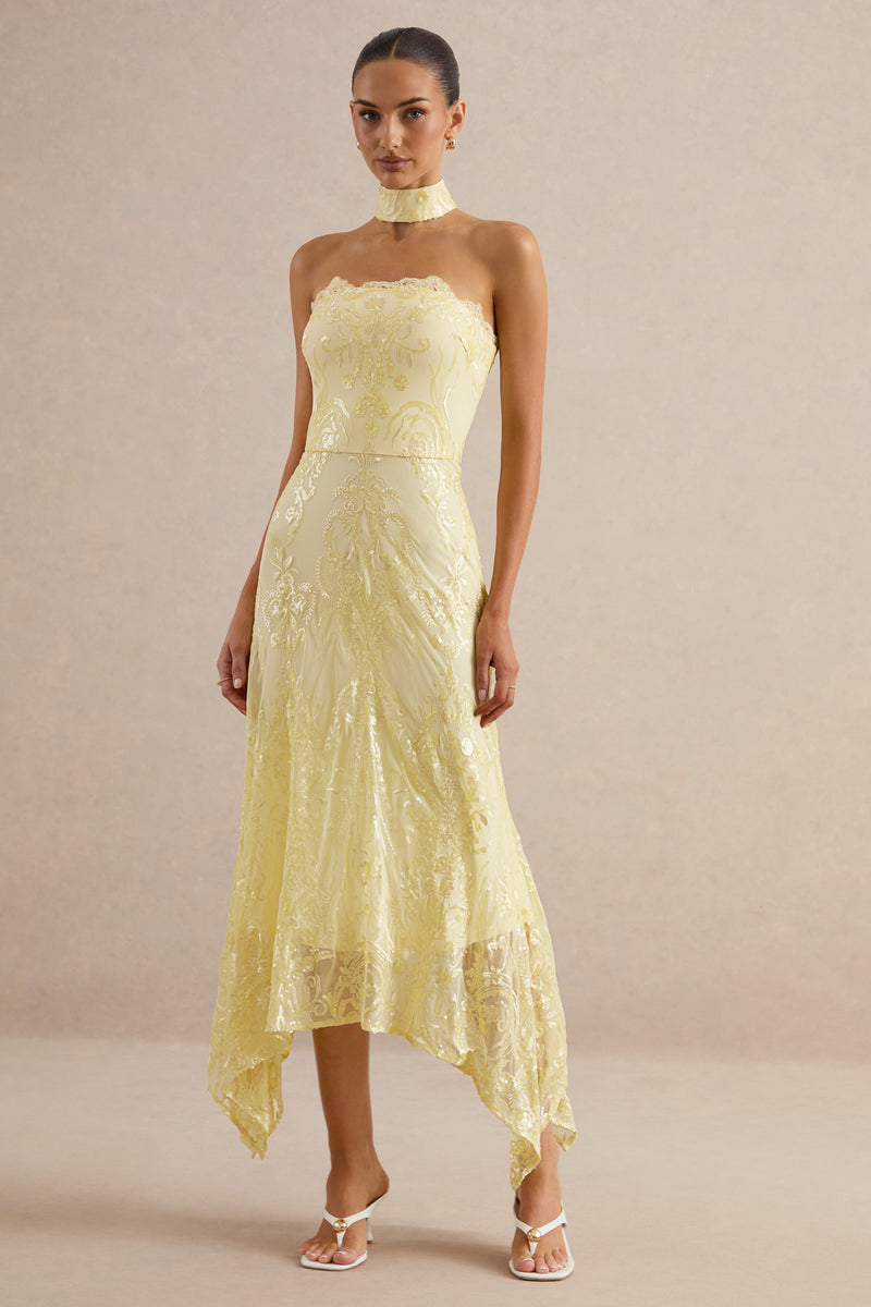 Galathea | Vestido midi amarillo de encaje con escote palabra de honor y detalle de cuello