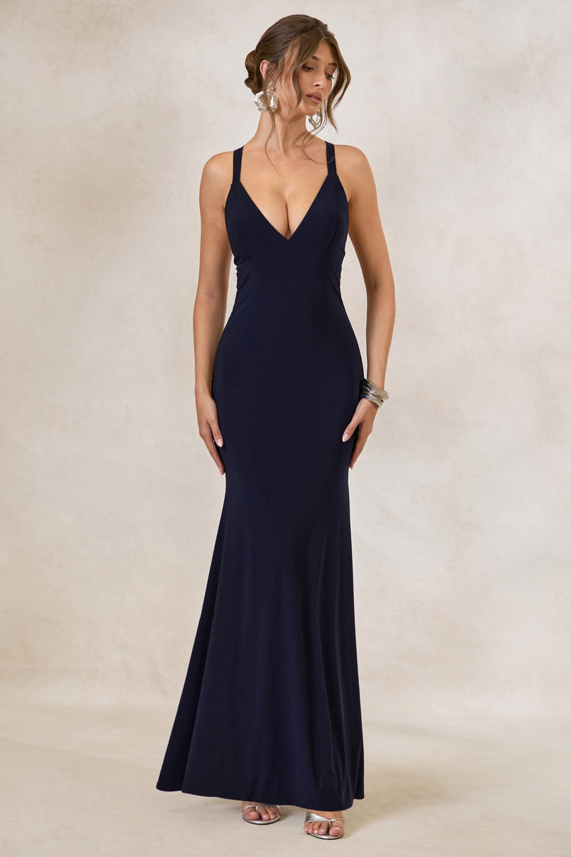 Goldiea | Vestido largo azul marino de cuello halter y corte sirena