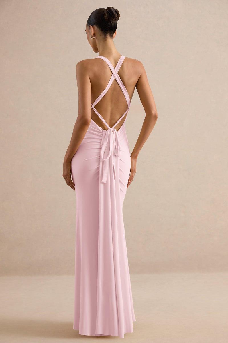 Goldiea | Vestido largo rosa claro con cuello halter y corte sirena