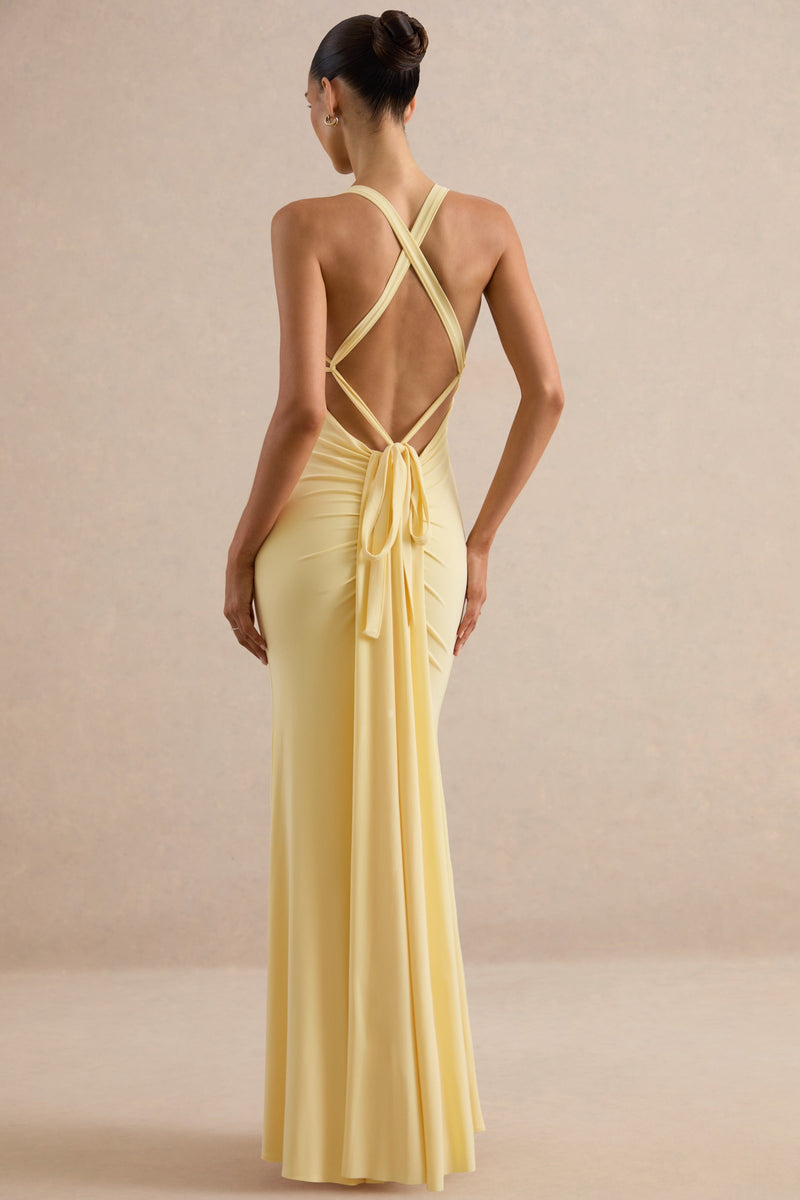 Goldiea | Vestido largo amarillo limón con cuello halter y corte sirena