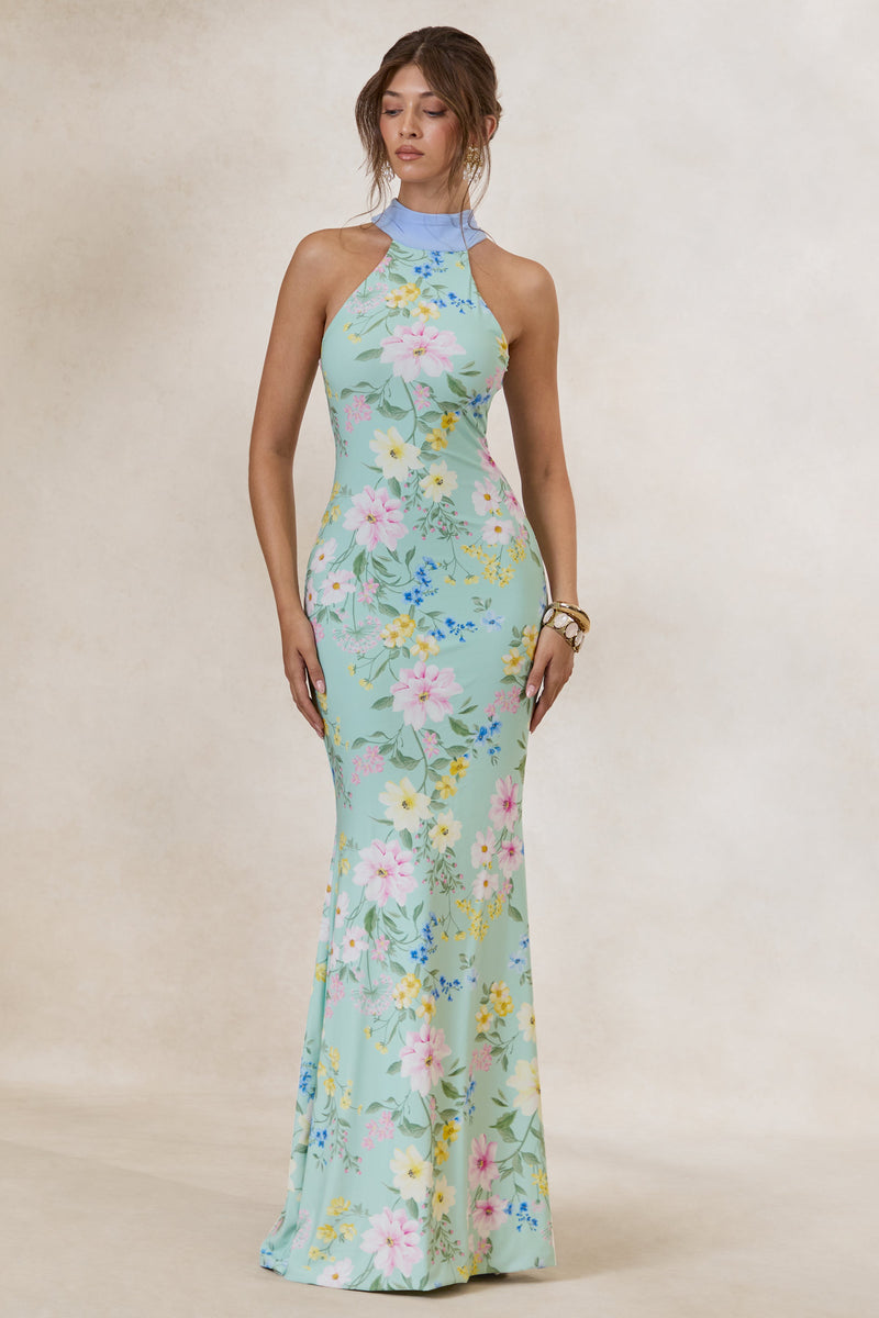 Inarah | Vestido largo de cuello alto con estampado floral en color menta y detalle de pañuelo
