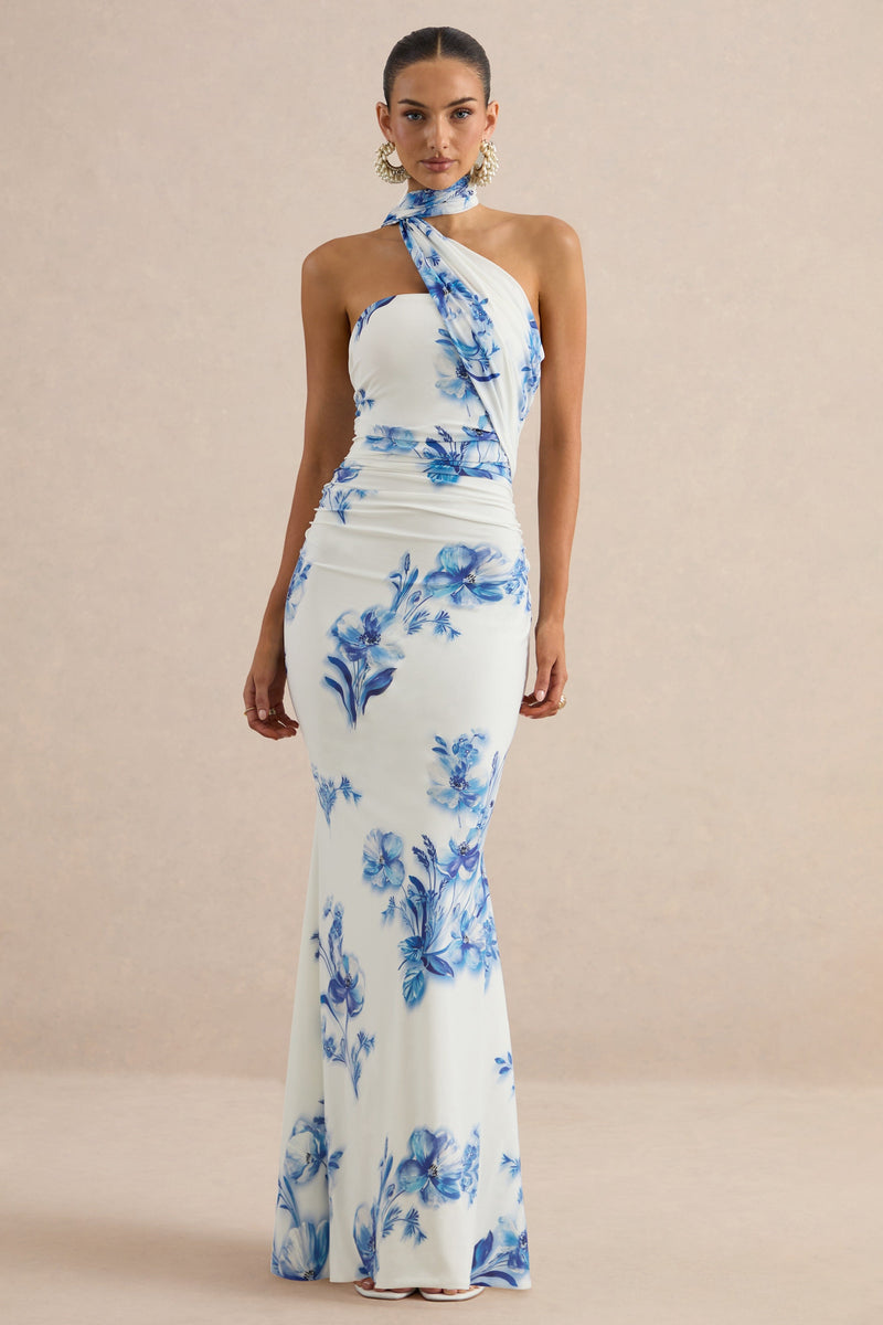 Iraida | Vestido largo azul con estampado floral, cuello alto y detalle de pañuelo