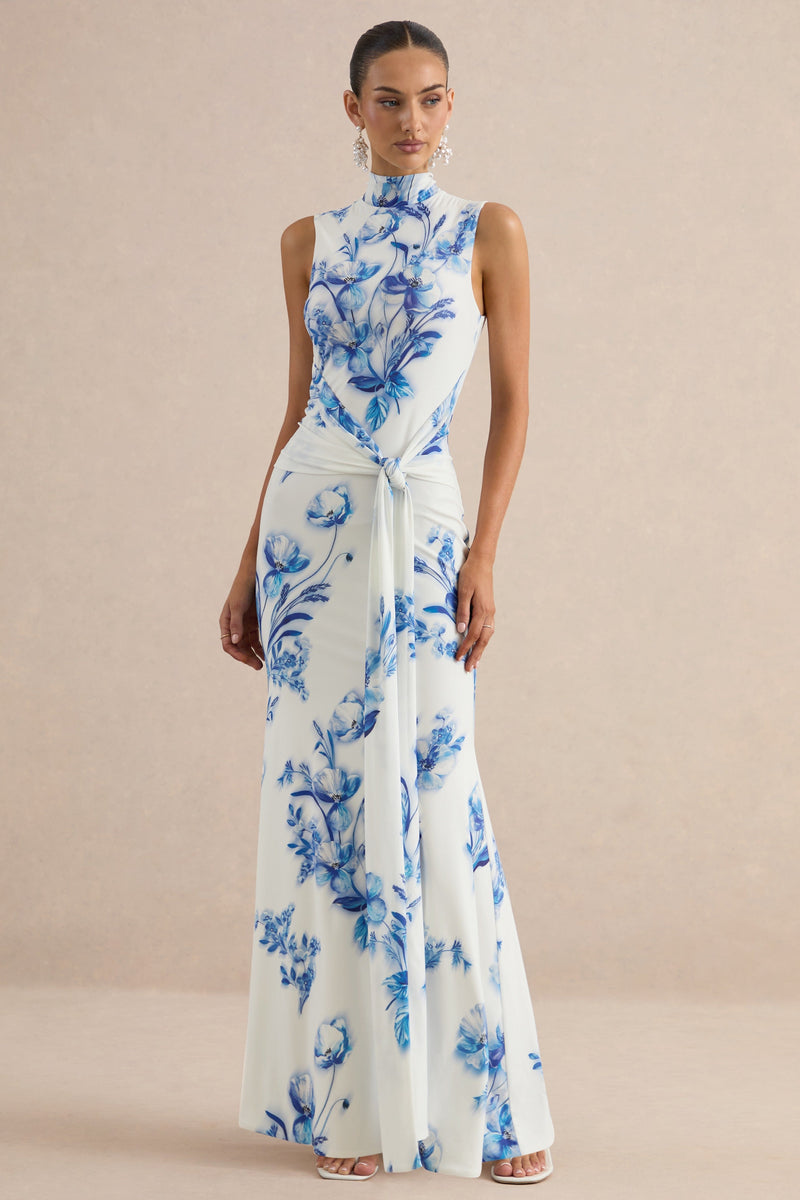 Isella | Vestido largo de cuello alto con estampado floral azul y detalles fruncidos
