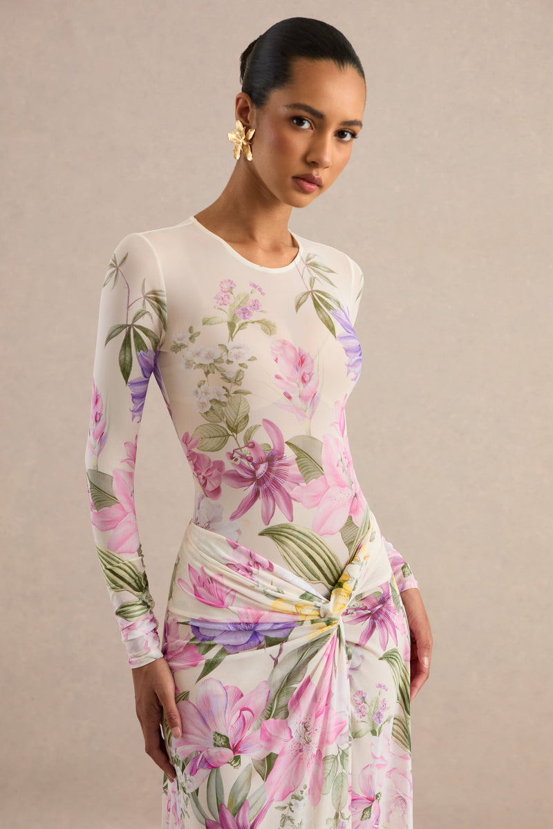 Malva | Body color crema de malla con estampado floral y cuello redondo