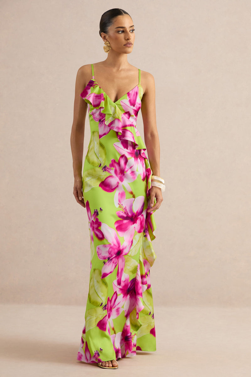 Marcelina | Vestido largo de satén con estampado floral en lima y rosa y escote en V